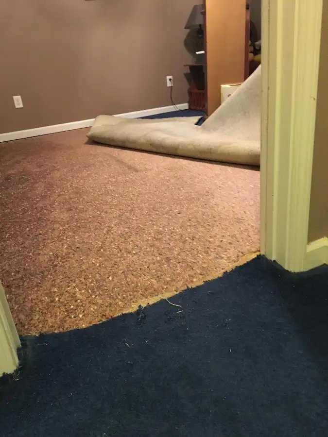 Carpet pad removal revealing water damage during Water Mitigation Services in Breaux Bridge